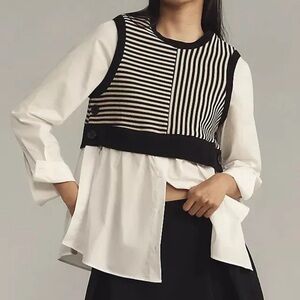 Maeve Long-Sleeve Linen Twofer Sweater Vest Top